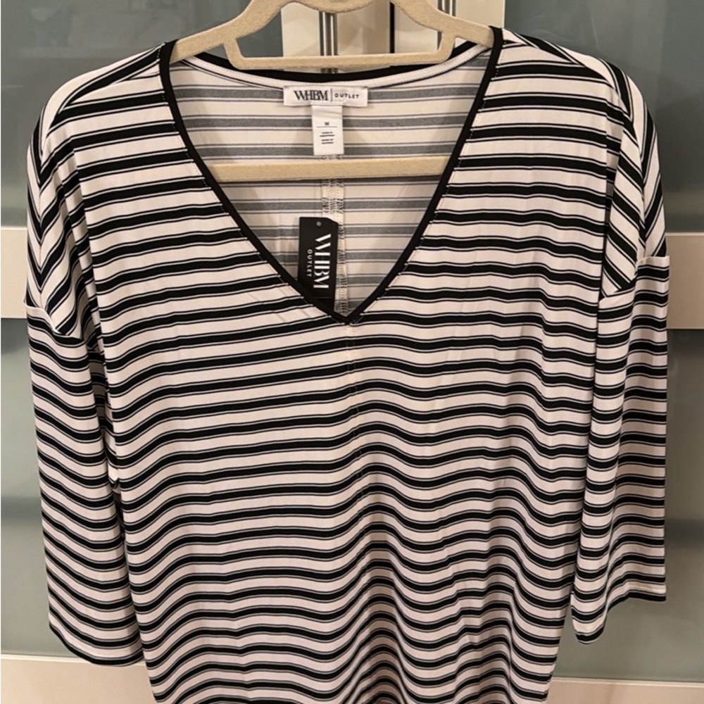White House Black Market Black and White Striped V-Neck Long Sleeve Top